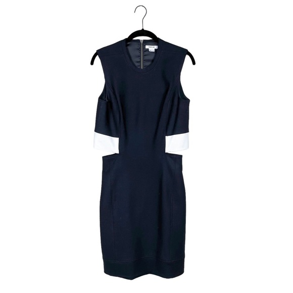 Helmut Lang Black Crew Neck Sleeveless White Leather Trim Cutout Sheath Dress 2 - Picture 1 of 12